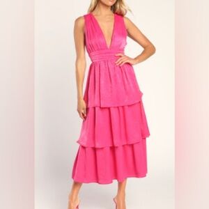 Peak Party Vibe Hot Pink Satin Tiered Tie-back MIDI Dress